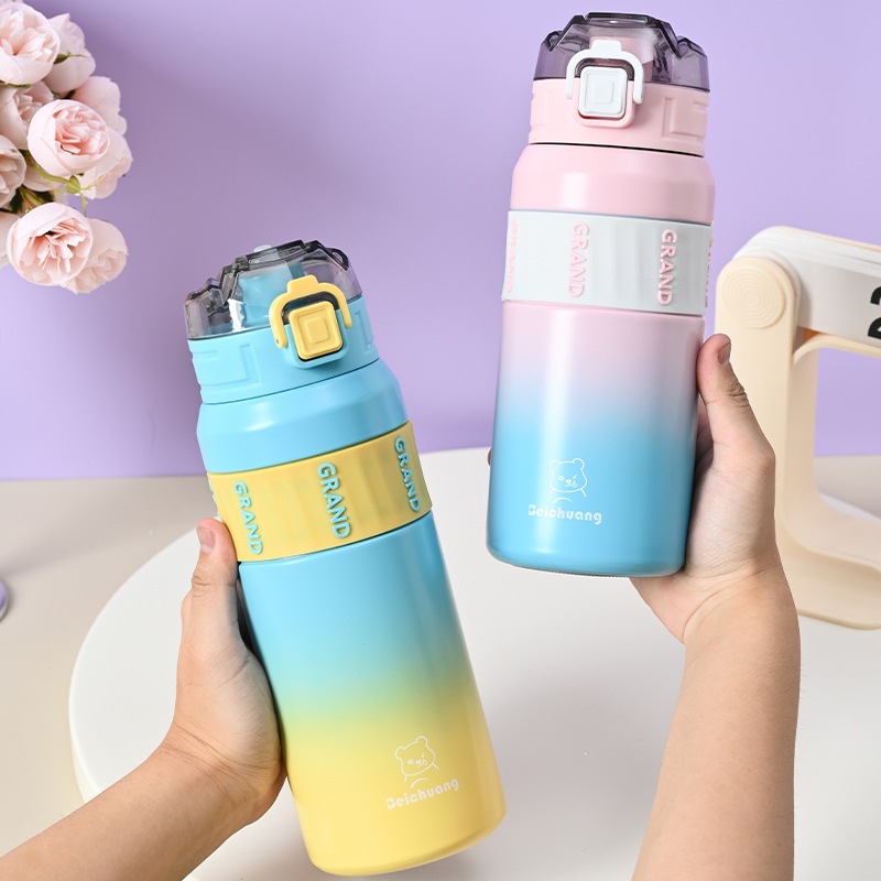 Taza de moda de acero inoxidable de color gradiente taza de aislamiento térmico portátil taza de paja al aire libre taza deportiva de doble capa de gran capacidad para hombres y mujeres