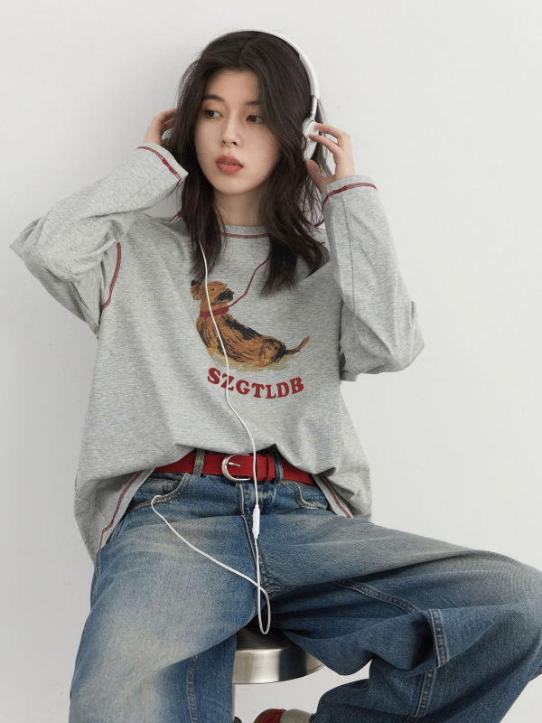 慵懒风牵绳小狗长袖t恤女2025秋季新款趣味印花休闲上衣|undefined