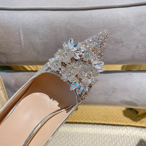 Crystal Wedding Shoes for Female Bride Xiuhe  New French Pointed Toe Stiletto Heels Rhinestone Flower Sequin Wedding Dress High Heels