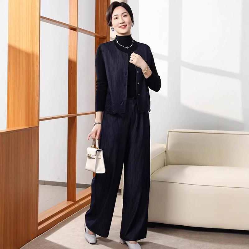 中老年上衣裤子时尚三件套马甲气质新中式国风元素套装妈妈打底衫|undefined