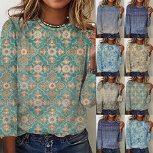 2023跨境女装秋冬新款支持各平台 复古印花棉混纺长袖T恤女