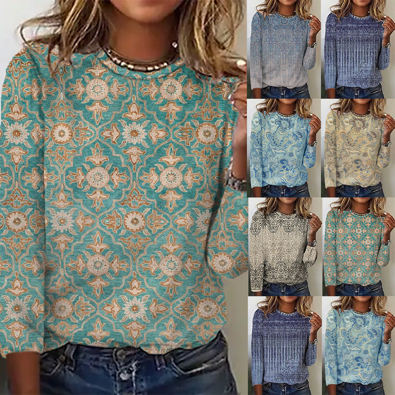 2023跨境女装秋冬新款支持各平台 复古印花棉混纺长袖T恤女