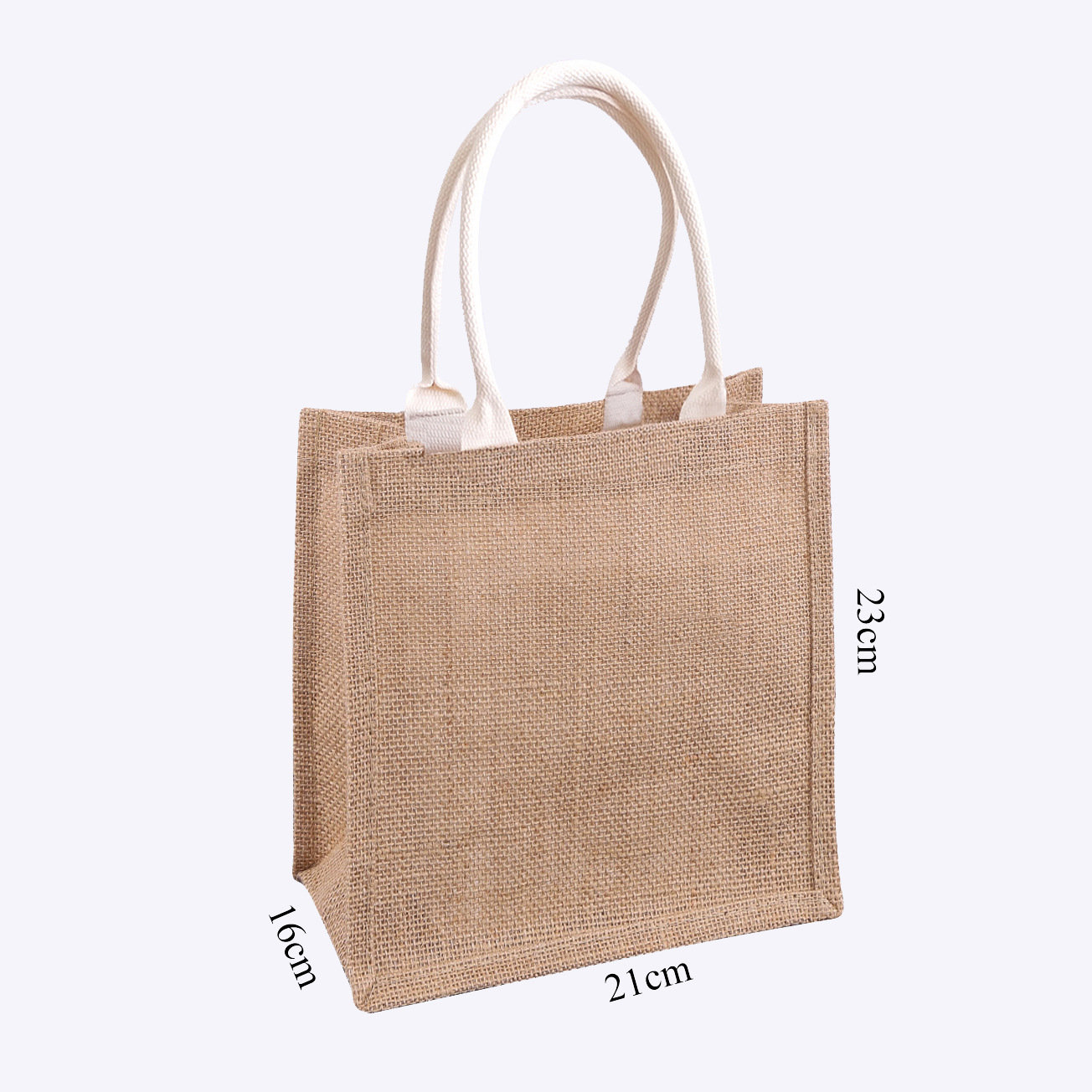 21 de largo, 16 de ancho y 23 de alto; Color natural del yute; Yute