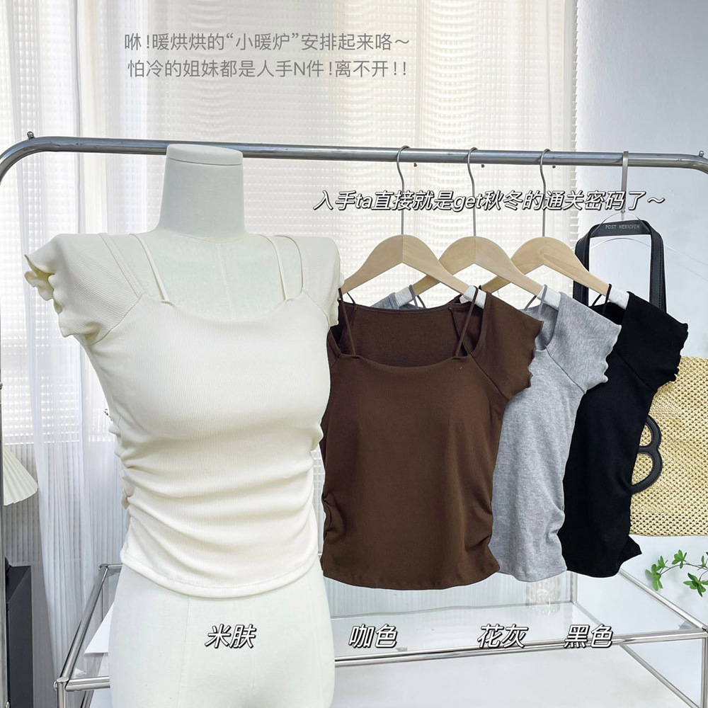 가을 새로운 스타일 스레드 면 브러시 광장 타이 가슴 패드 무료 브래지어 슬리밍 간단한 작은 비행 소매 여성을위한 반팔 겉옷