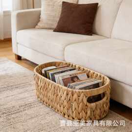 跨境水葫芦草编织杂物收纳筐手提式带盖储物筐家用玩具零食整理筐