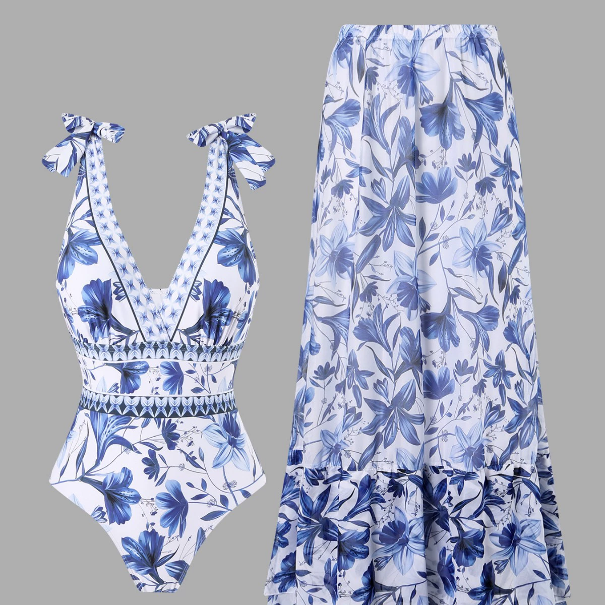 Европейский и американский сексуальный бикини купальник шифоновая юбка юбка круглые плечи V-образный вырез купальник на пляже