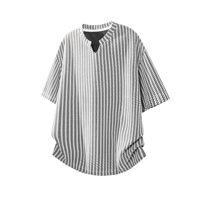 Herringbone Pattern V-neck Short-sleeve T-shirt Men, Summer Trendy American-style Clothing, Loose Fit, Heavy-duty_voghion.com