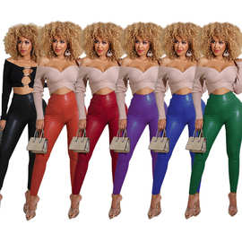 A141女装 2021秋季新款时尚纯色人造皮长裤子亚马逊新品源头厂家