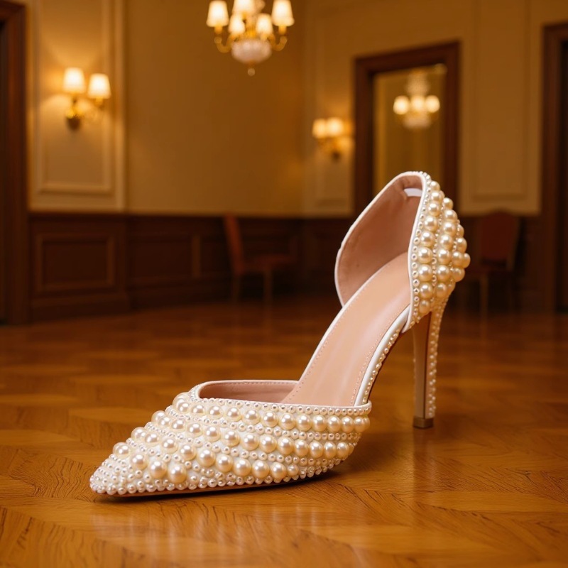珍珠鞋尖头侧空浅口细跟高跟鞋套脚25新款超高跟新娘伴娘婚鞋单鞋