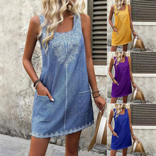欧美跨境女装春夏亚马逊新款洗水牛仔背带裙吊带中长裙口袋连衣裙
