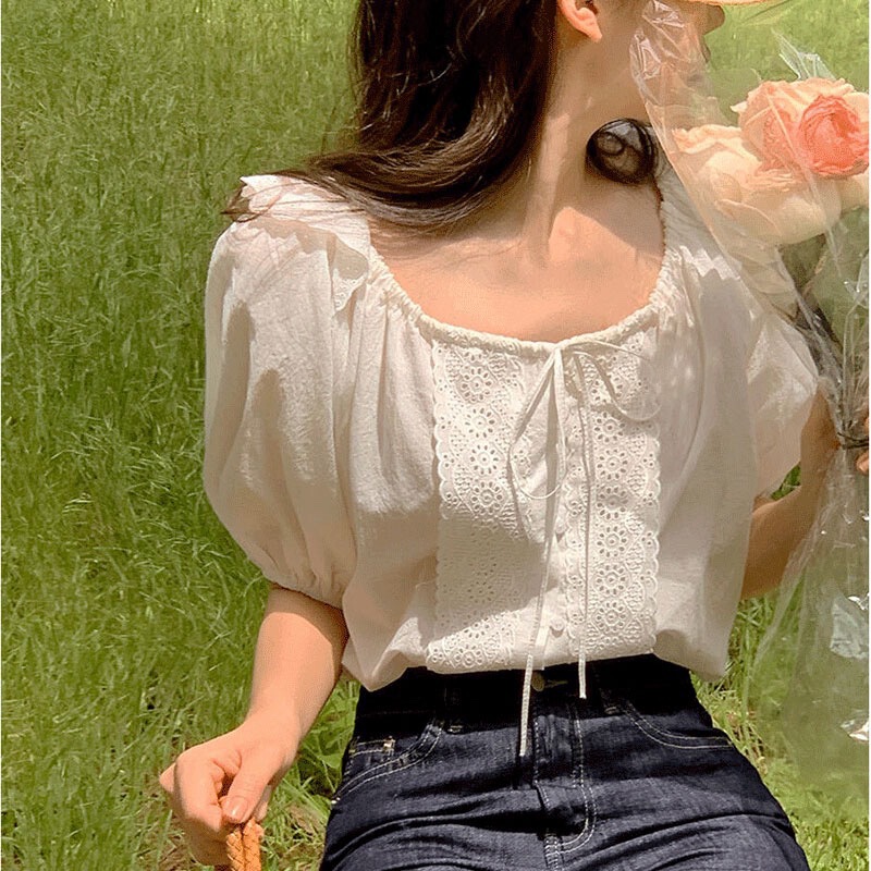 Women's Korean Chic Summer French Style Sweet Lace Stitching Square Collar Lace Puff Sleeve Loose Short Sleeve Shirt for Women