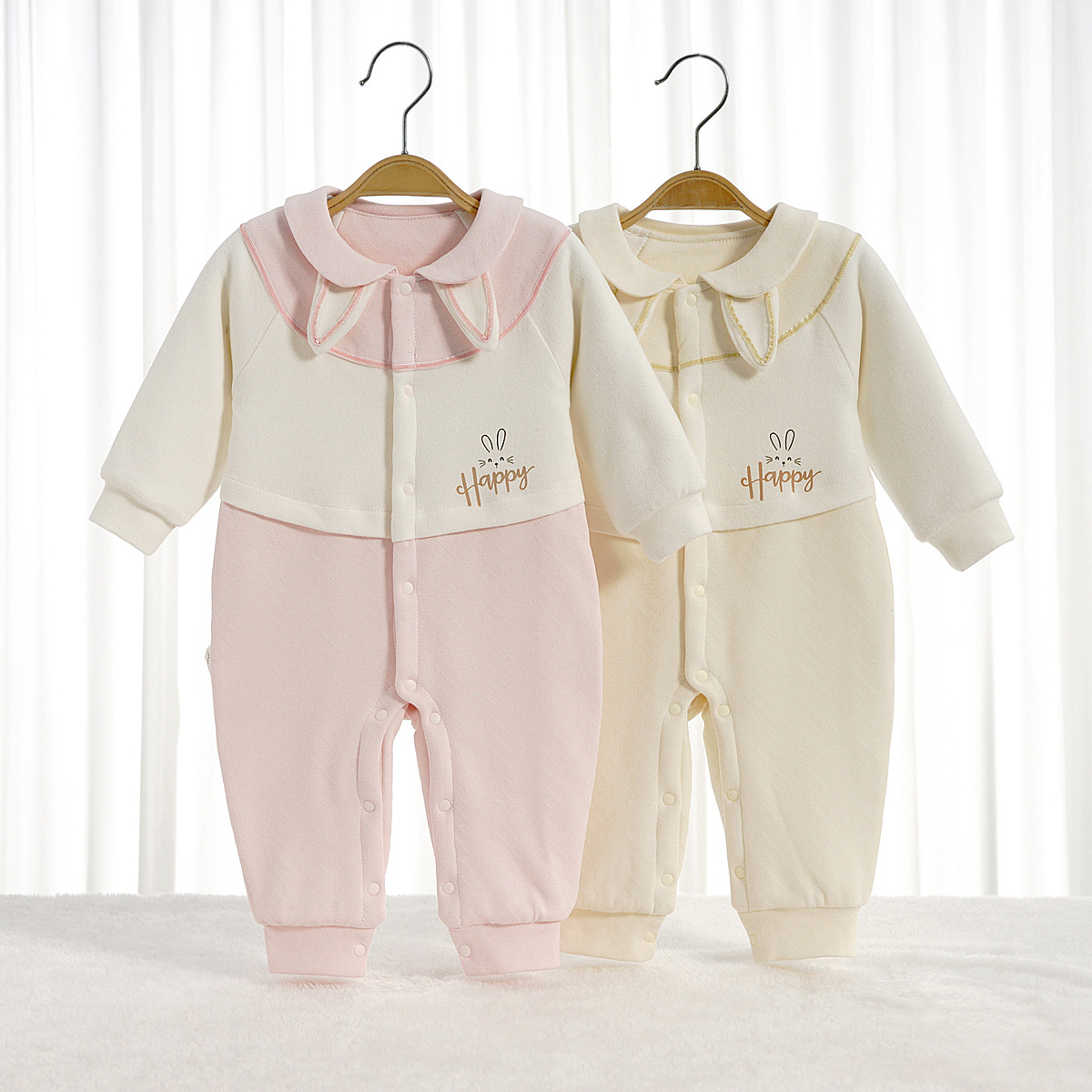 初生婴儿小兔舒绒薄棉连体衣0-12个月夹棉新生儿衣服春秋宝宝哈衣
