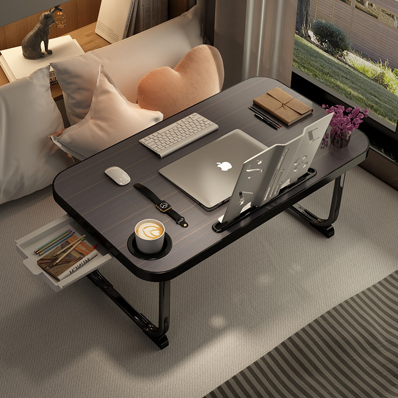 Multifunctional Foldable Bed Computer Desk Easy Storage Convenient Lazy Desk with Bookshelf Cup Holder Drawer Small Table