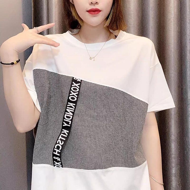 拼色新款通勤短袖女夏季潮流时尚印花白色质感T恤洋气宽松上衣