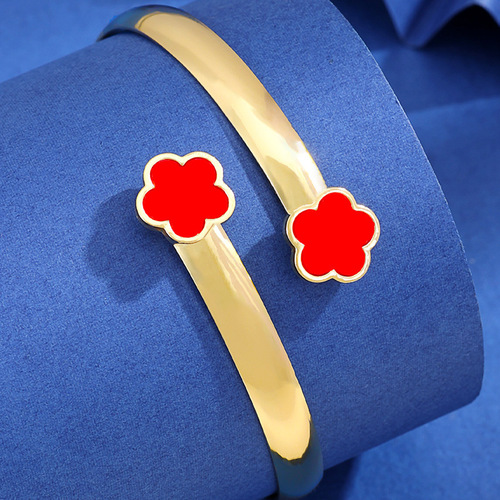 Niche Design Metal Polished Five-Petal Flower Open Bracelet for Women, European and American Cross-Border Hot Selling Personality Clover Bracelet