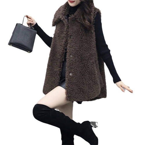 Lamb Fleece Vest Women 2025 New Autumn Winter Faux Fur Lambskin Long Length Loose Peacoat Jacket Wholesale