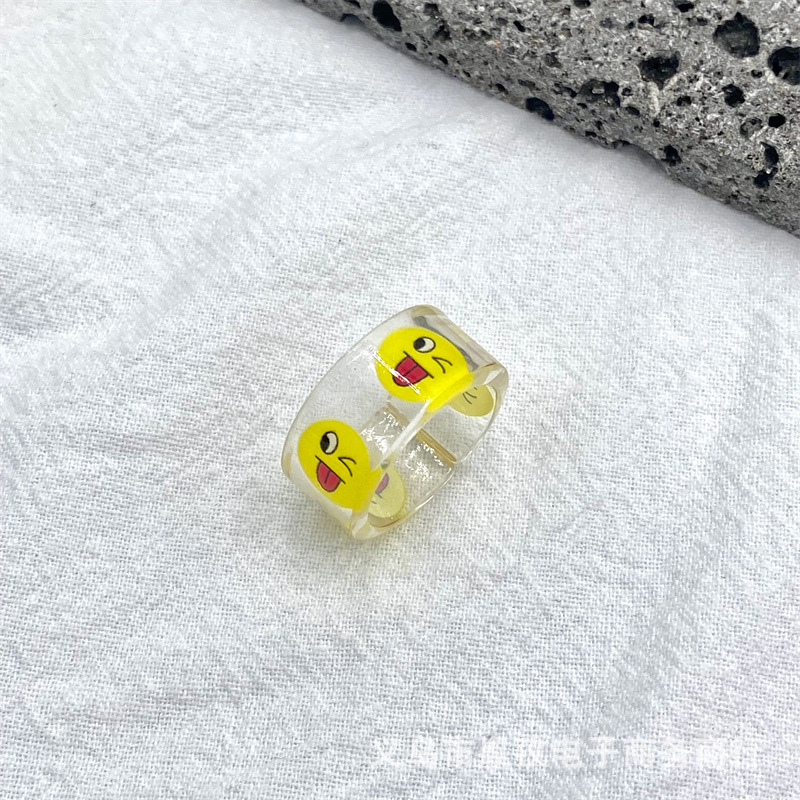 Nuevo acetato resina expresión humor anillo transparente diversión ins estilo colorido Smiley cara apilada anillo