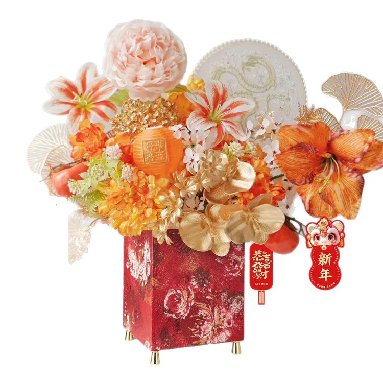 Tarjetas de Año Nuevo estampadas, tarjetas de felicitación de vacaciones, colgantes de bordas, flores de Año Nuevo, decoración de barril de bonsai verde, tarjetas de felicitación colgantes