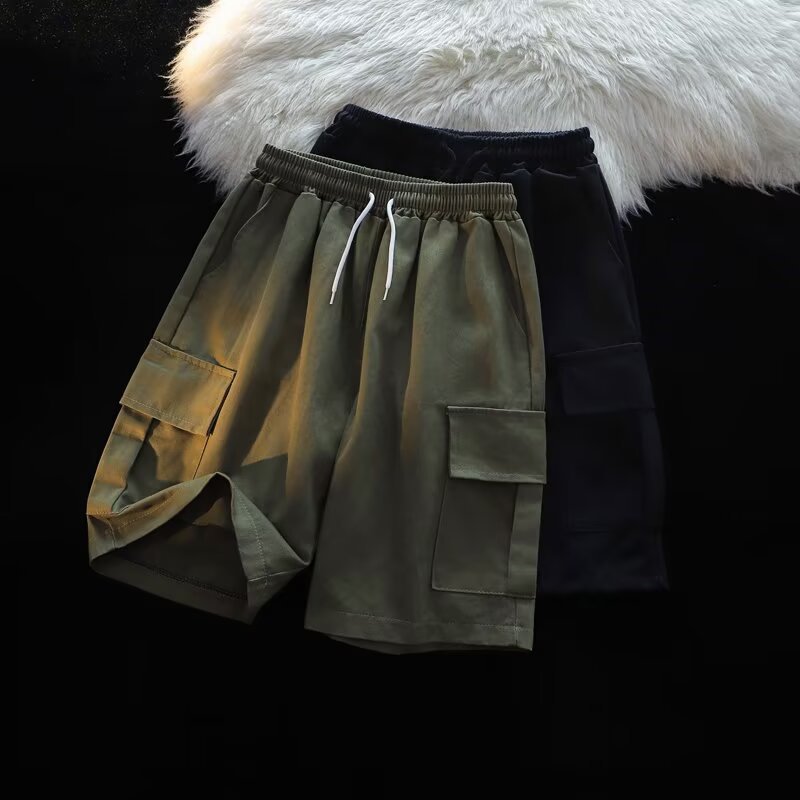 Japanese-Style Drawstring Multi-Pocket Cargo Casual Shorts for Men Summer 2025 New Retro Wide-Leg Sports Shorts