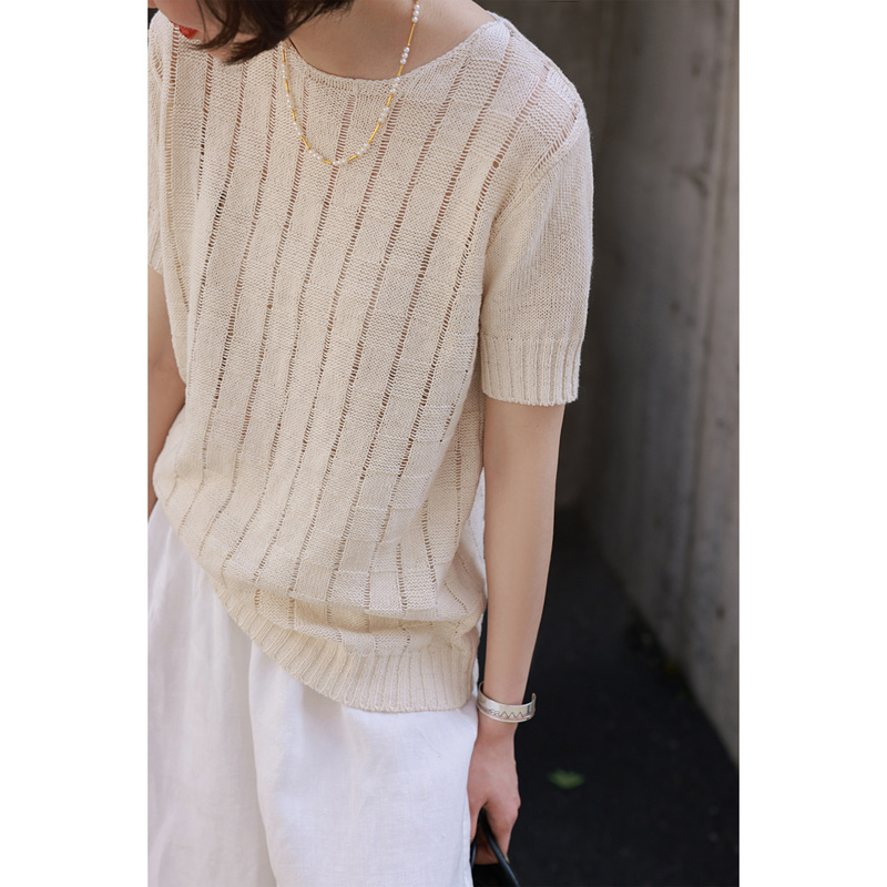 2025 Summer New Linen Cotton Checkered Hollow Round Neck Short-Sleeved Draped Artistic Loose Knitted Top