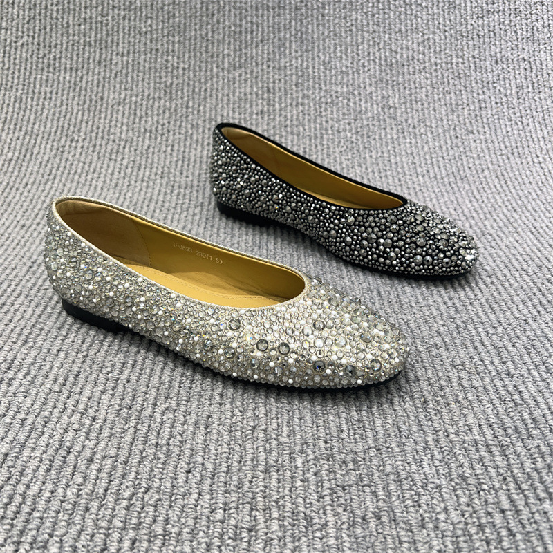 [in Stock] 558 Autumn New European Style Loafers Soft Leather Round Toe Shallow Full Rhinestone Flat Soft Sole Women's Fashion Bright