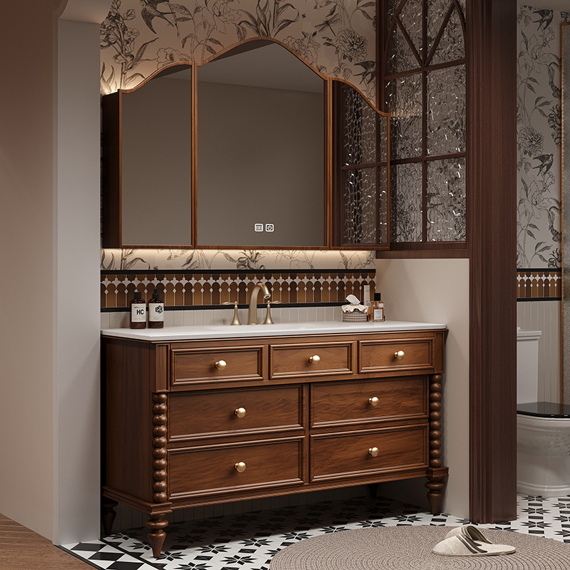 Умывальник в китайском и французском стиле, американский ретро-стиль, шкаф для ванной комнаты, комбинированный умывальник для ванной комнаты, каменная пластина, встроенная раковина с горячей изогнутой поверхностью