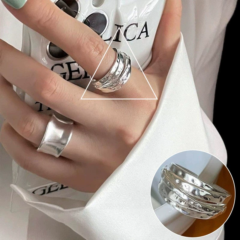 retro fashionable geometric ring hip-hop style, silver 925 sample, on index finger