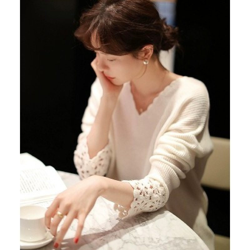 休闲套头秋冬新款宽松长袖拼接领毛衣毛衫显瘦钩花绒衫女针织