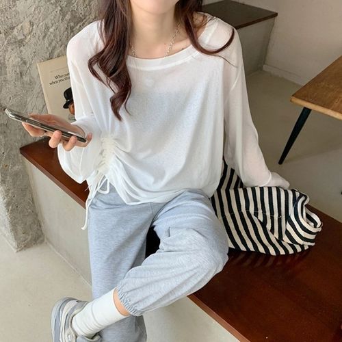 Sunscreen shirt women's ice silk knitted blouse spring/summer style loose-fitting drawstring long-sleeved thin shawl-style