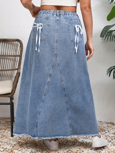 Plus Size Casual Bow Lace Denim Skirt With Fur Edge