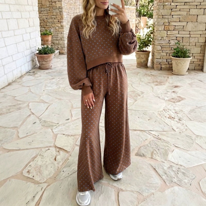 2026 Autumn/Winter New European and American Style High-Waisted Loose Relaxed Polka Dot Print Wide-Leg Pants Set for Women 2026 Autumn/Winter New European and American Style High-Waisted Loose Relaxed Polka Dot Print Wide-Leg Pants Set for Women