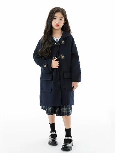 Boys and Girls Horn Button Woolen Outwear Mid-Length Preppy Style Uniform Plus Cotton Thickeneded Woolen Outwear for Older Children Winter Clothing