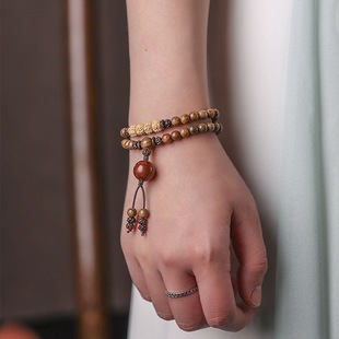 Temperament Item ~ Very Exquisite! Old Material Natural Green Sandalwood Double Circle Rosary Bracelet Small Diamond Sandalwood Bracelet