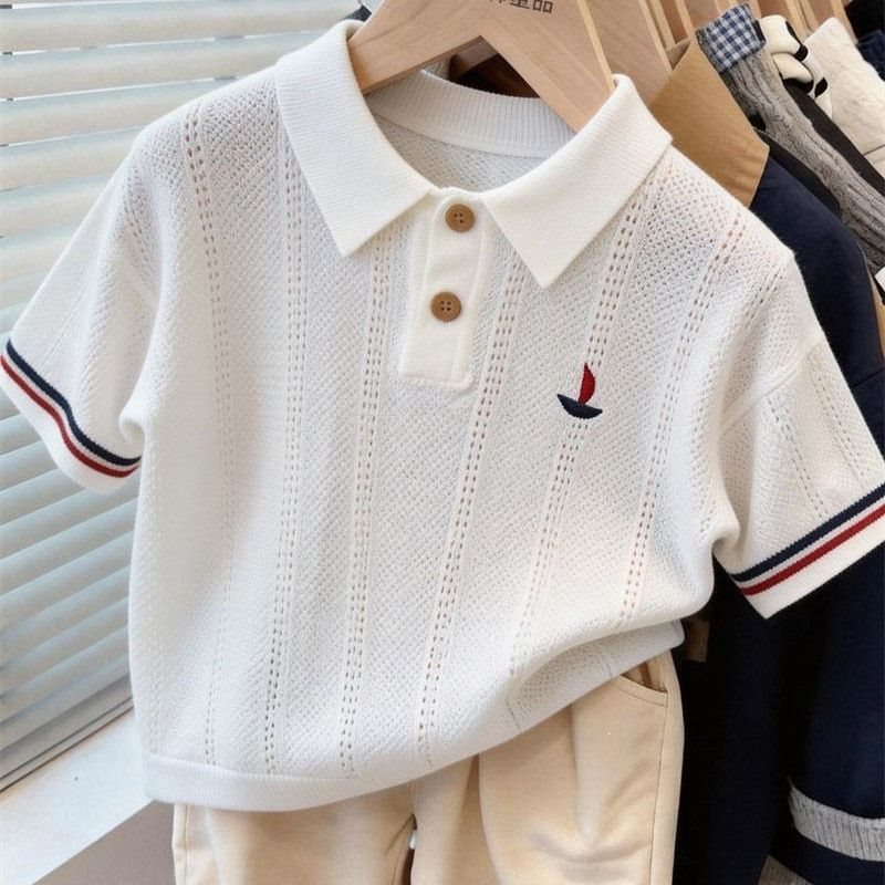 Korean style children's sailboat embroidered knitted short-sleeved polo shirt, summer 2026, thin, hollowed-out design, boys' and girls' tops.