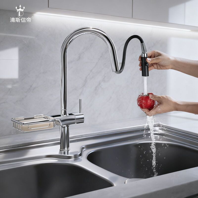 Simple Hot and Cold Pull-Out Sink Faucet Kitchen Sink Anti-Splash Swivel Faucet with Storage Rack Household Faucet
