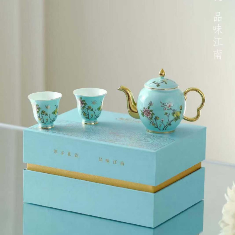新款景德镇粉彩茶具套装夫人蓝茶具功夫茶杯一壶二杯陶瓷套装