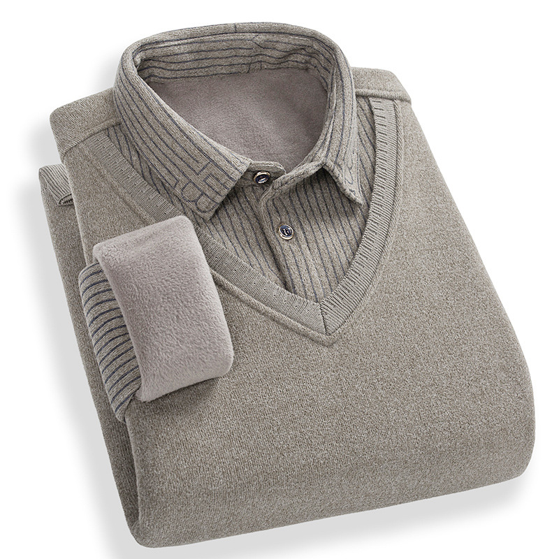 大库存衬衫领假两件一体绒毛衣