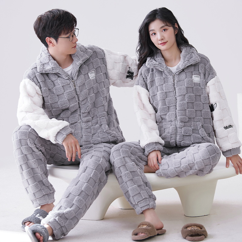 Pijamas de pareja de invierno de las mujeres de coral de lana collar de pie estilo deportivo ligero se puede usar fuera de forro polar engrosada homewear traje de manga larga