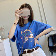 日系复古克莱因蓝棉短袖t恤女夏季卡通印花小众潮牌体恤上衣服
