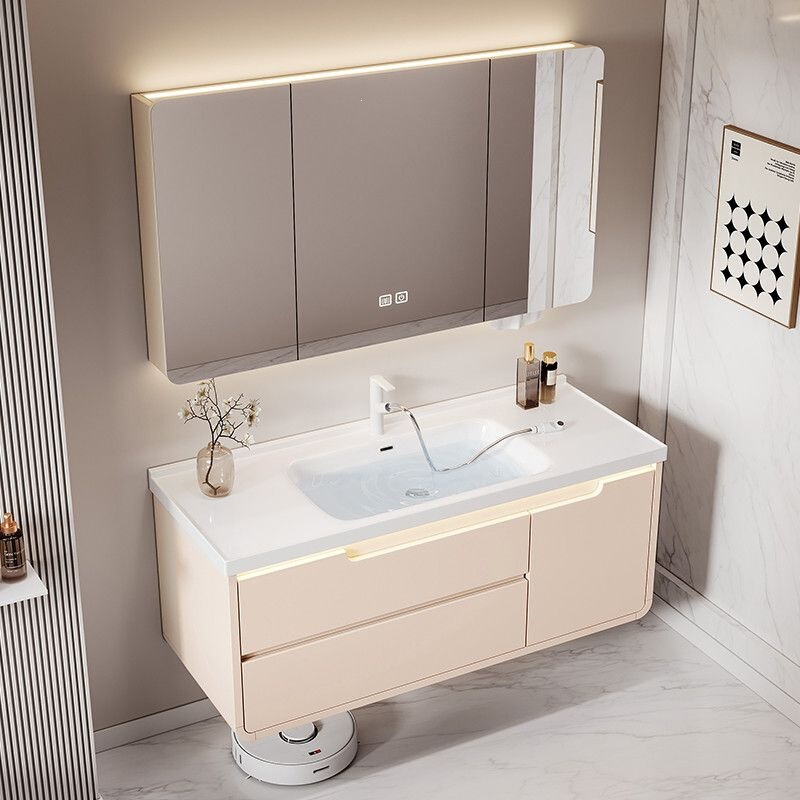 Cream-colored bathroom cabinet with ceramic integrated basin, smart modern washbasin, integrated sink, bathroom cabinet, washstand, bathroom cabinet Cream-colored bathroom cabinet with ceramic integrated basin, smart modern washbasin, integrated sink, bathroom cabinet, washstand, bathroom cabinet