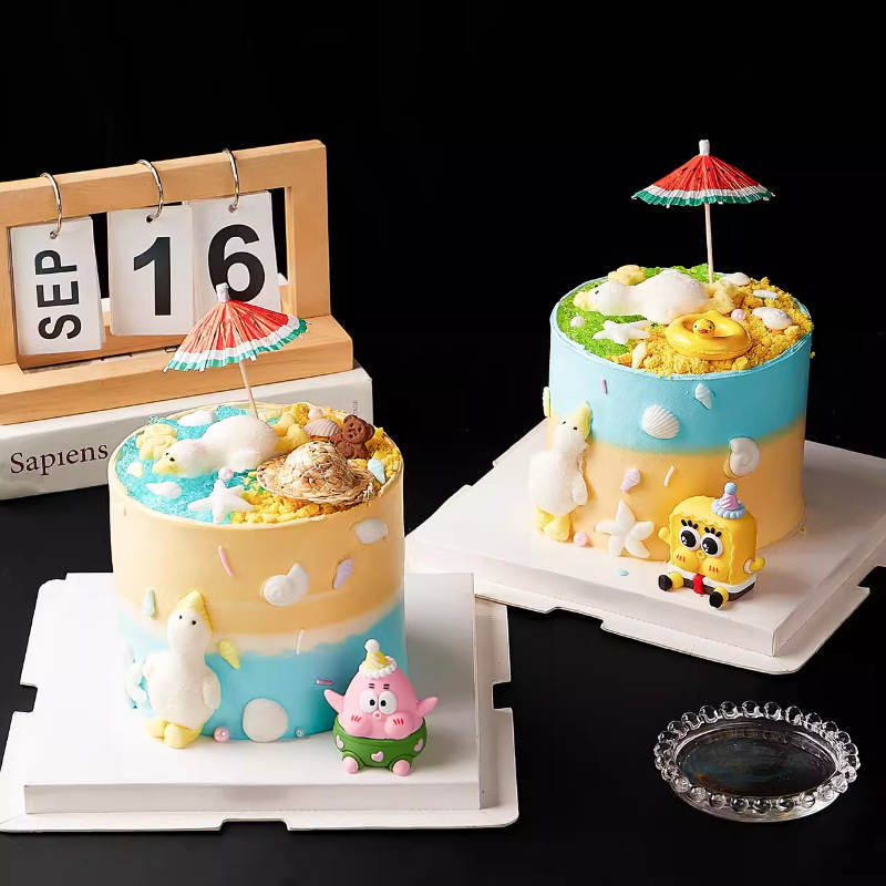 Summer Beach Wave Cake Decoration Ornaments Spongebob Straw Hat Swimming Circle Lying Flat Duck Watermelon Umbrella Baking Accessories