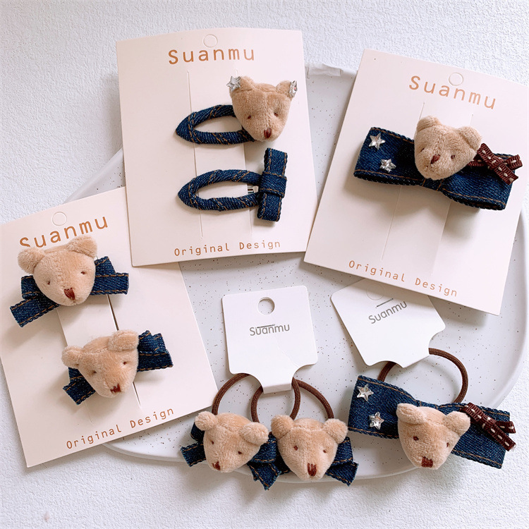 Children's Autumn and Winter Plush Cartoon Bear Hair Clips, Hair Ties for Girls, Denim Bowknot Hair Ornaments for Babies, Side BB Clips