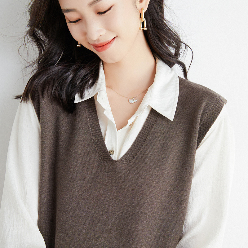 2024 Autumn/Winter New Style Collarless Solid Color Wool Viscose Knitted Cotton Brown Elegant Commuting Non-Hooded Vest for Women