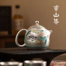 纯银999泡茶单壶功夫茶具家用小套装中式珐琅彩鎏银盖碗茶杯 礼品