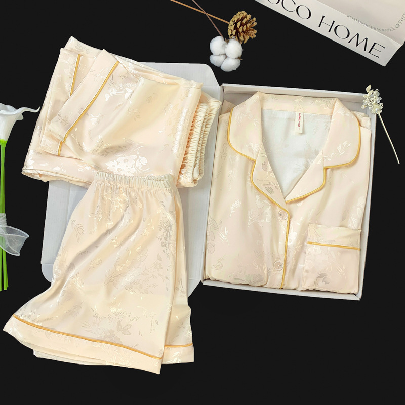 2026 New Style National Style Jacquard Summer Short-Sleeved Three-Piece Set with Chest Pads, Skin-Friendly, Soft and Comfortable Pajamas for Girls at Home