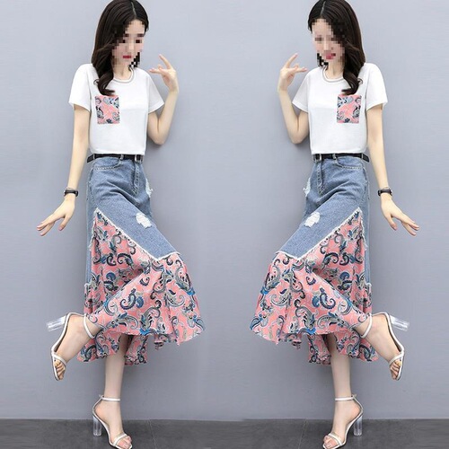 Summer denim dress, two-piece spring and summer dress, new women's style, slimming skirt, long skirt, suit, trend