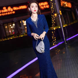 晚礼服女2026新款宴会轻奢年会宴会大气高级感蓝色主持人亮片鱼尾