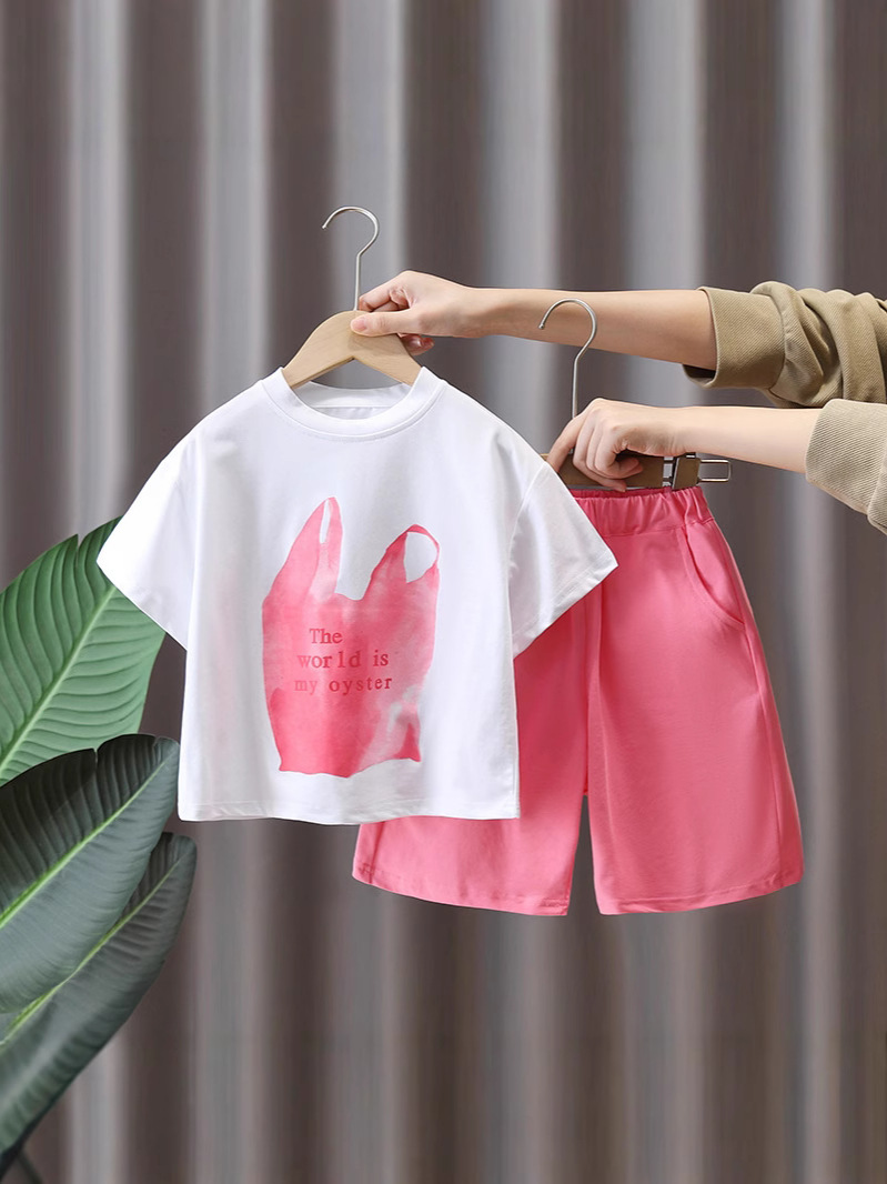 7221 Ropa para niños Traje de verano para niños 2025 Nueva camiseta estampada de manga corta para niños Traje de dos piezas de verano