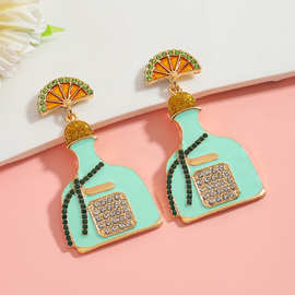 欧美可爱镶钻立体柠檬绿色香水瓶耳坠轻奢彩钻小清新橙子酒瓶耳环