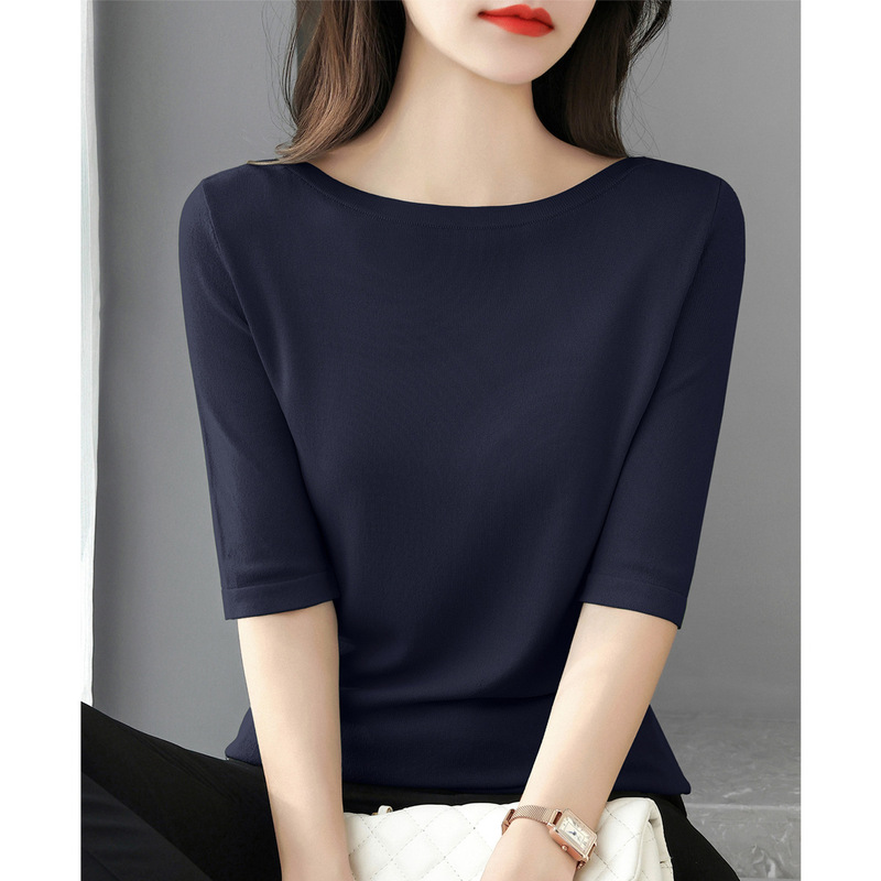 New Style Loose Solid Color Worsted Sweater Top with One Character Collar Western Style All-match Elegant Middle Sleeve plus size Pullover
